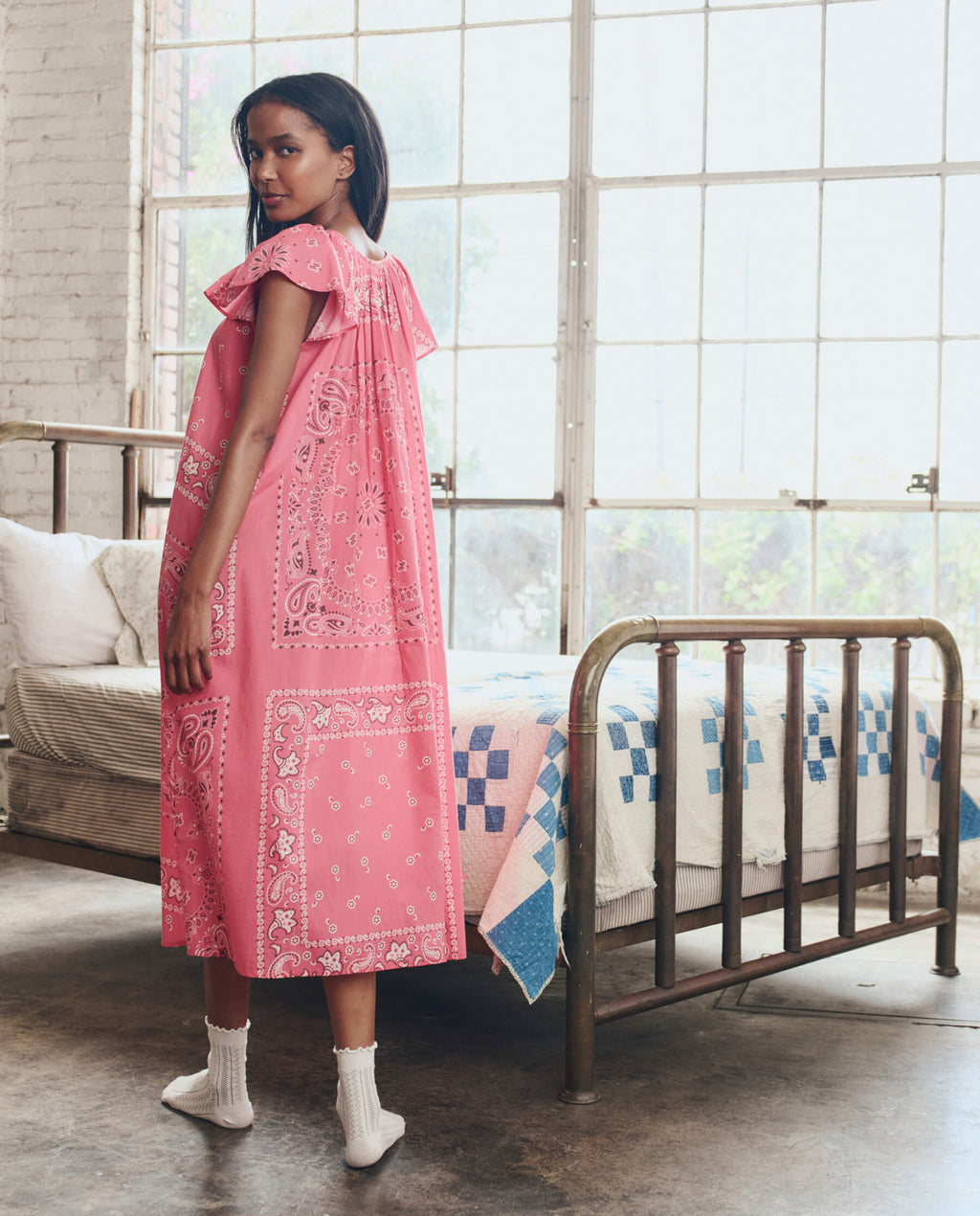 The Flutter Sleeve Sleep Dress. -- Pink Bandana Patchwork