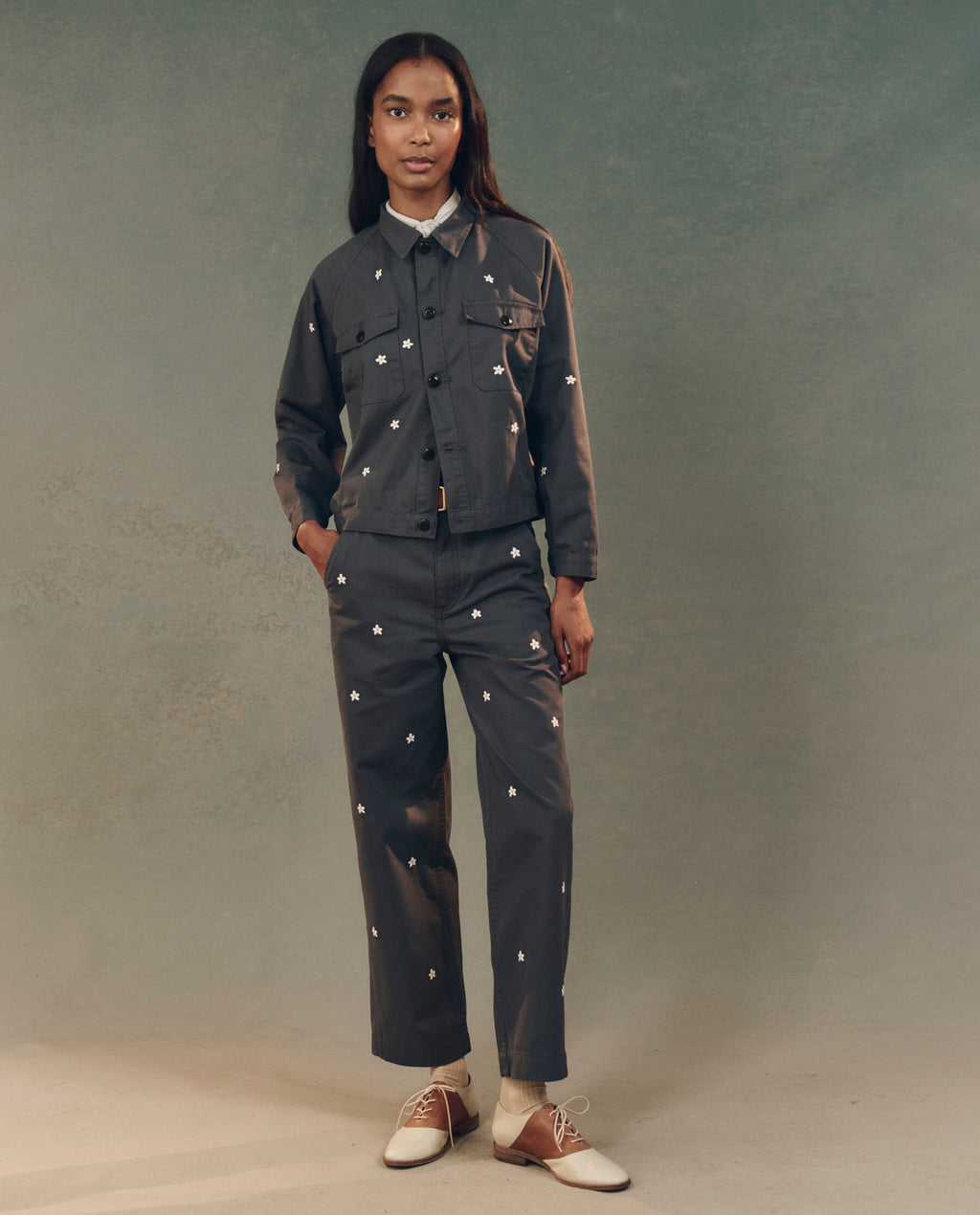 The Garage Pant with Daisy Embroidery. -- Blue Slate