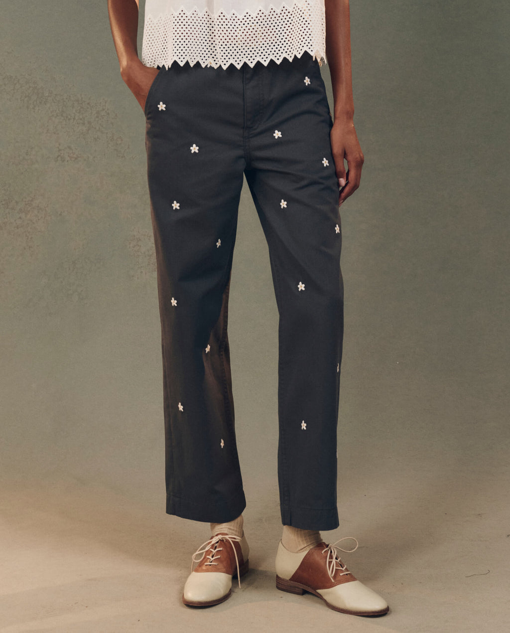 The Garage Pant with Daisy Embroidery. -- Blue Slate