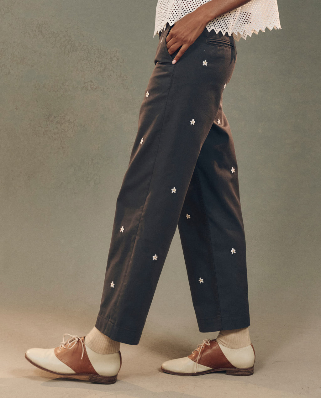 The Garage Pant with Daisy Embroidery. -- Blue Slate