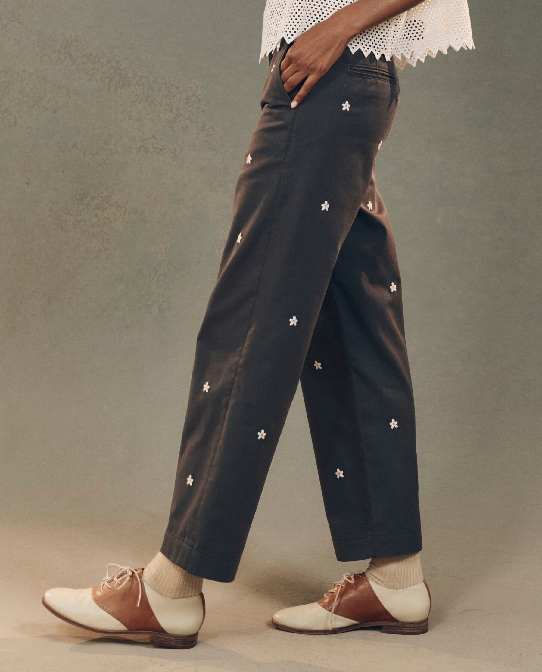 The Garage Pant with Daisy Embroidery. -- Blue Slate