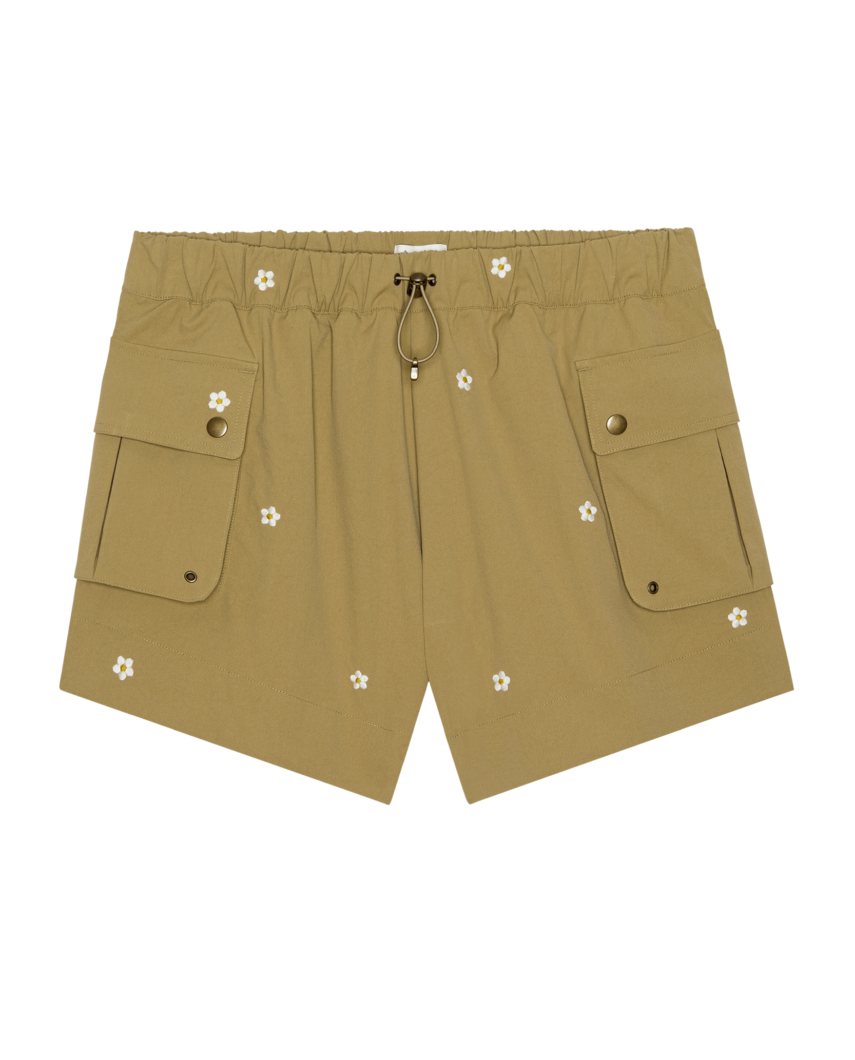 The Embroidered Cargo Short. -- Khaki With Cream Daisies