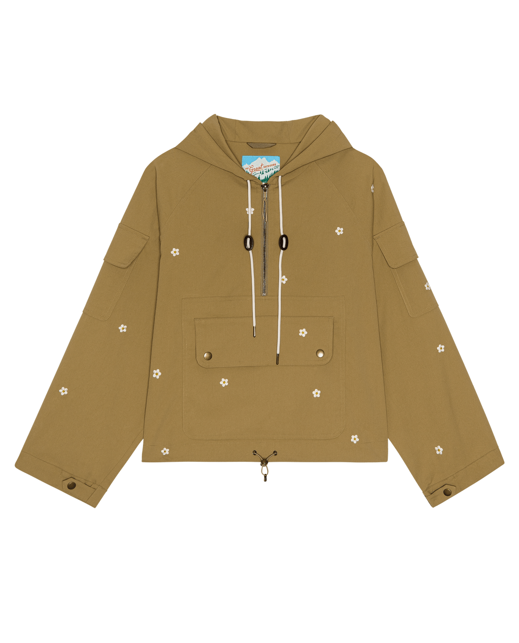 The Embroidered Cropped Trailhead Pullover. -- Khaki With Cream Daisies