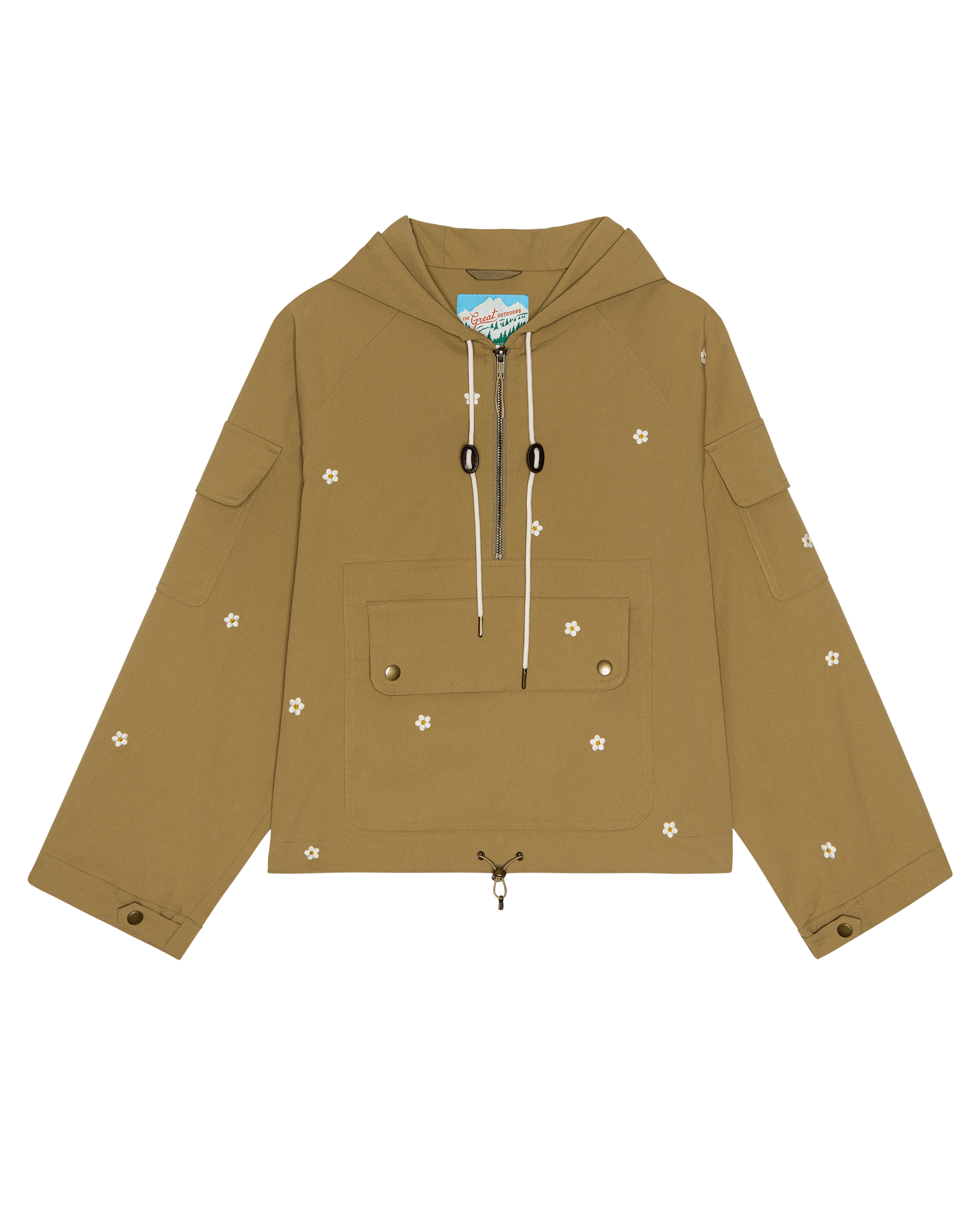 The Embroidered Cropped Trailhead Pullover. -- Khaki With Cream Daisies