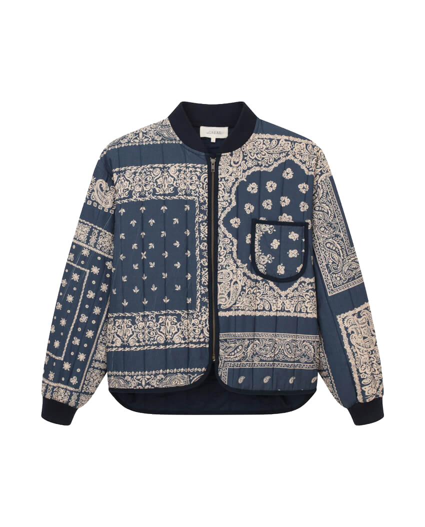 The Quilted Bomber. -- Navy Bandana Print