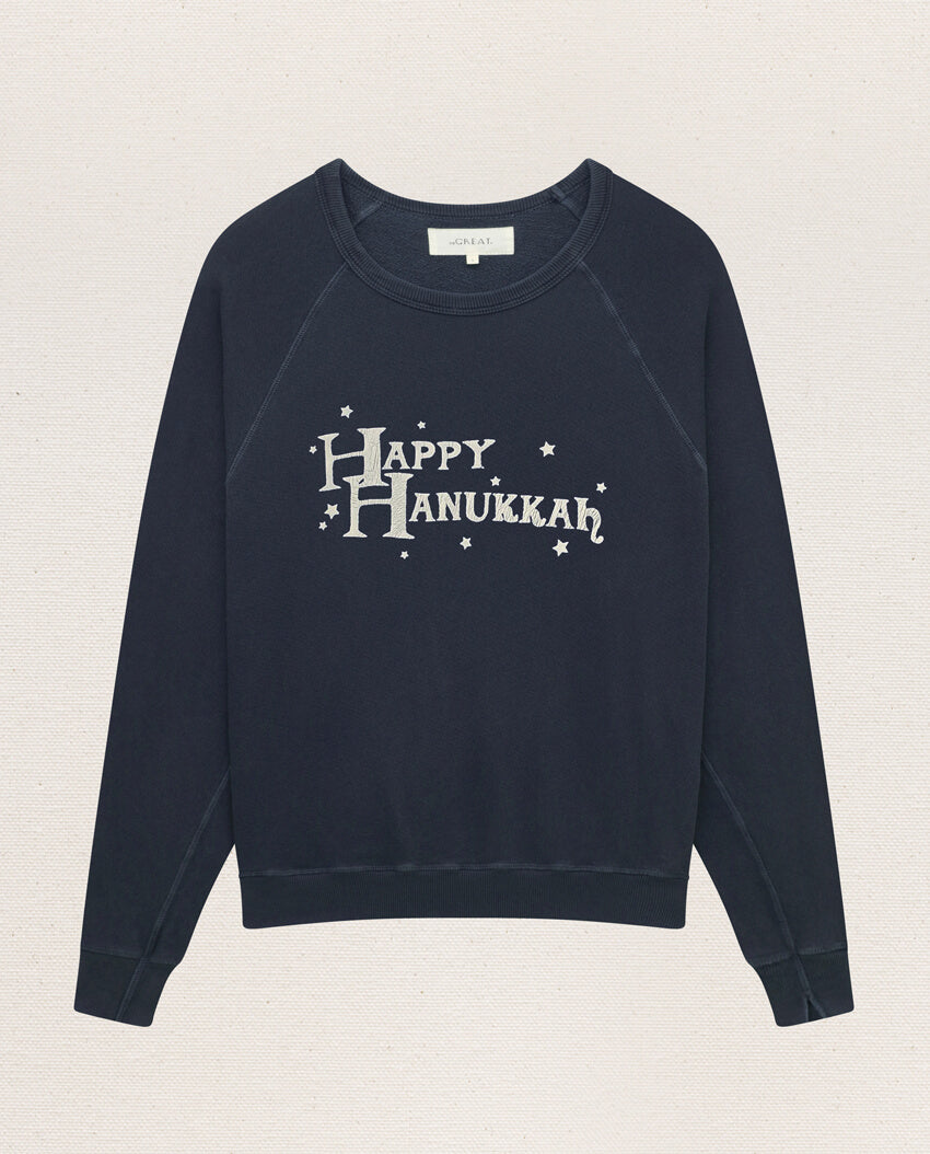 The College Sweatshirt. GRAPHIC -- NAVY WITH HANUKKAH GRAPHIC