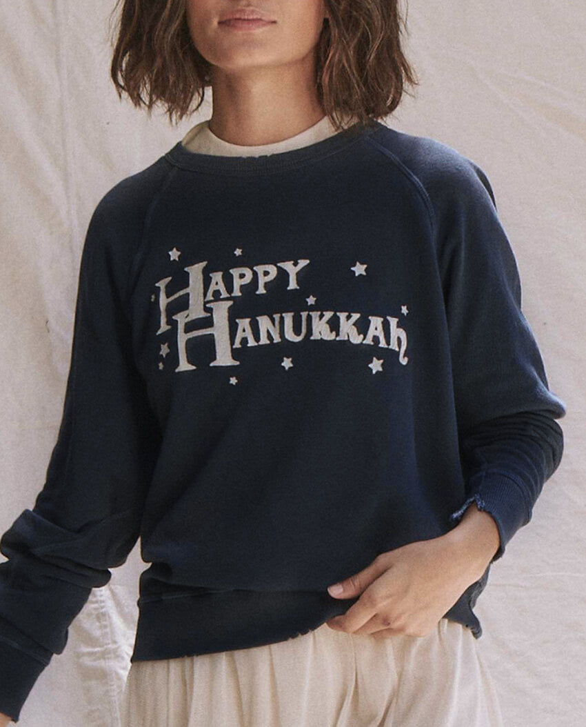 The College Sweatshirt. GRAPHIC -- NAVY WITH HANUKKAH GRAPHIC