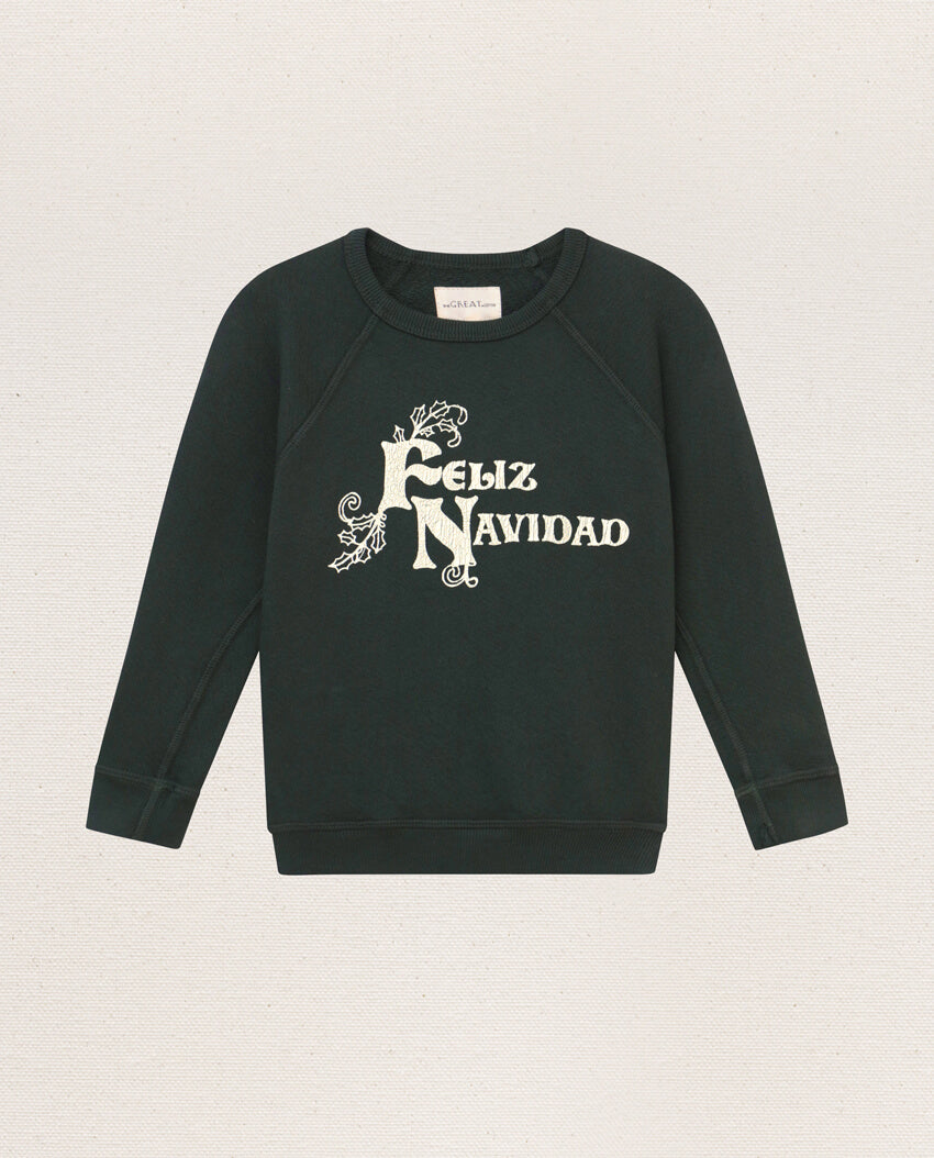 The Little College Sweatshirt. -- Dark Alpine with Feliz Navidad Graphic