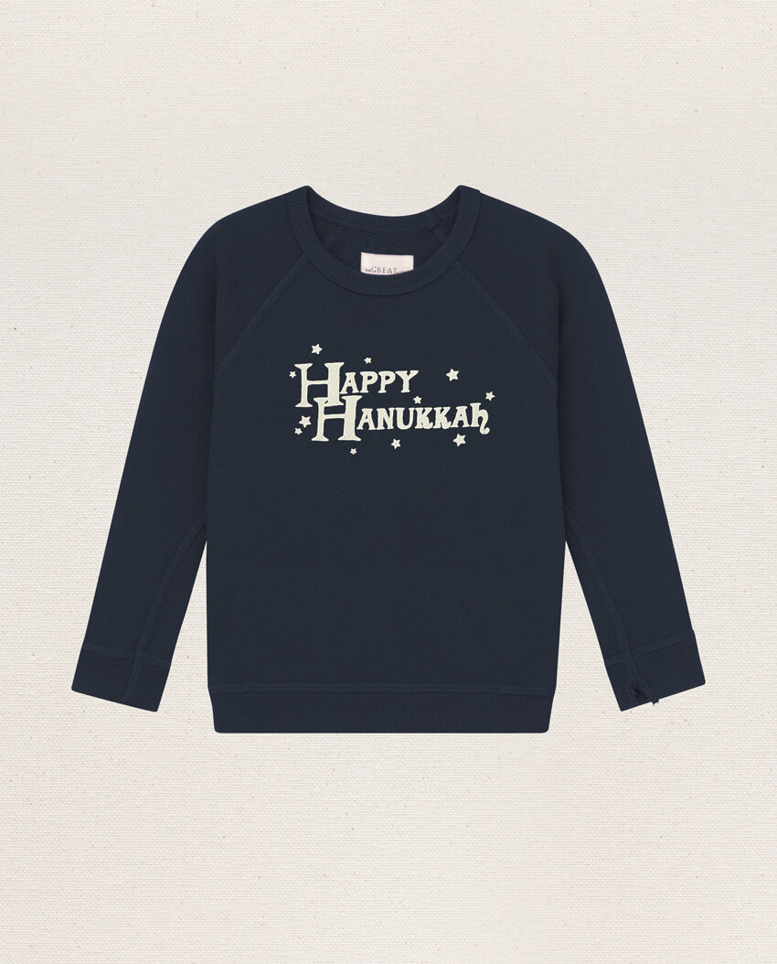 The Little College Sweatshirt. -- NAVY WITH HANUKKAH GRAPHIC