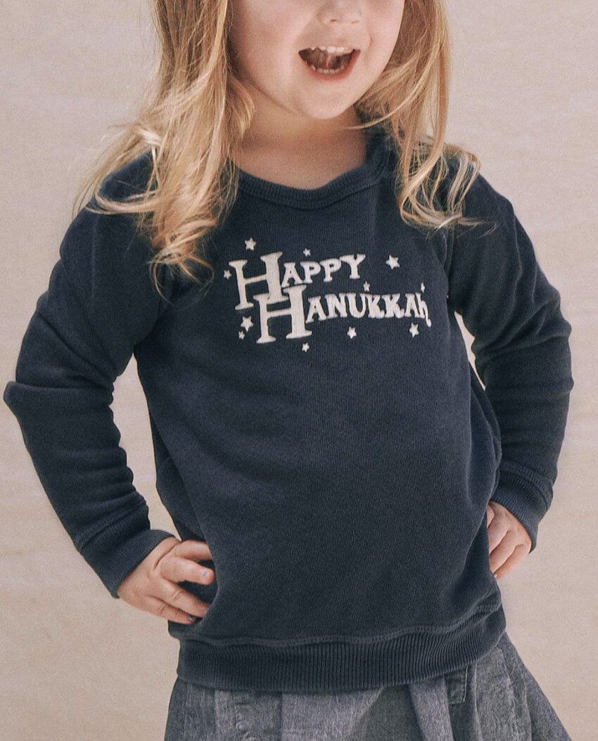 The Little College Sweatshirt. -- NAVY WITH HANUKKAH GRAPHIC
