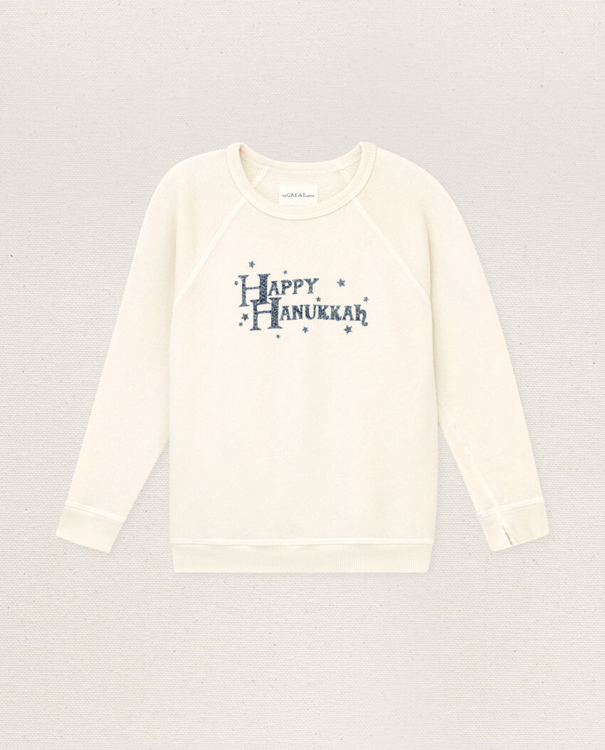 The Little College Sweatshirt. -- Washed White with Hanukkah Graphic