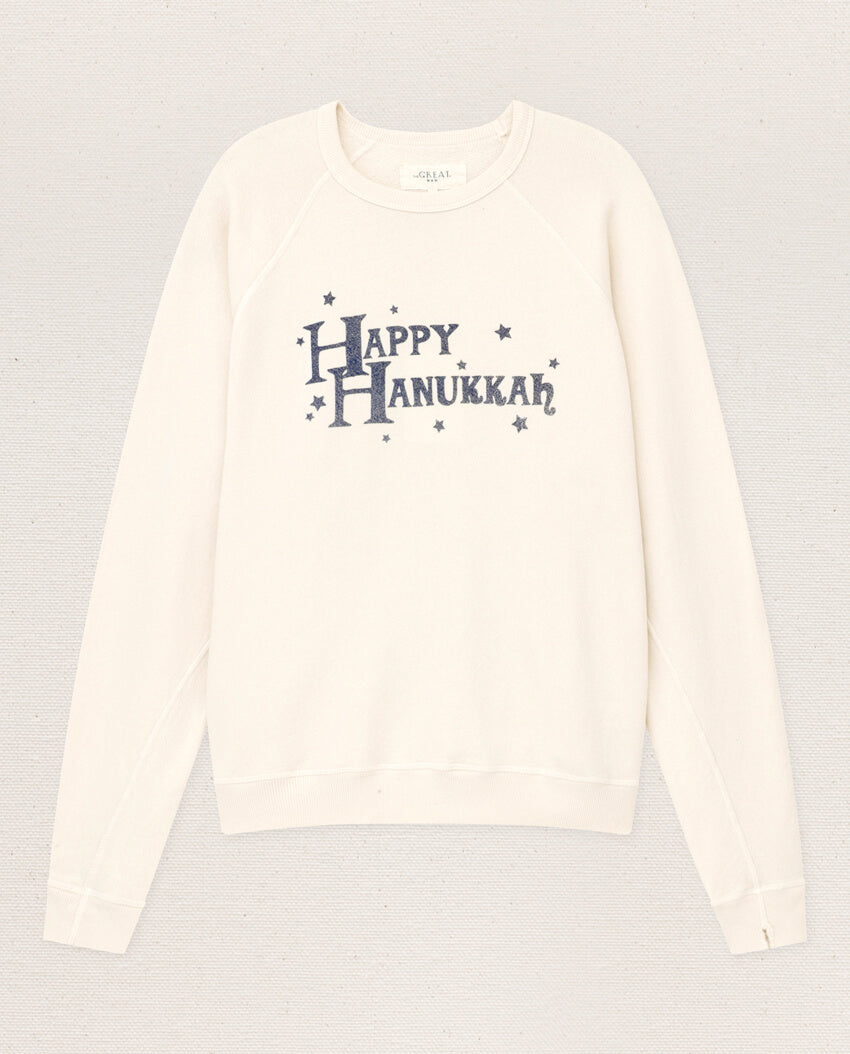 The Men's College Sweatshirt. -- Washed White with Hanukkah Graphic